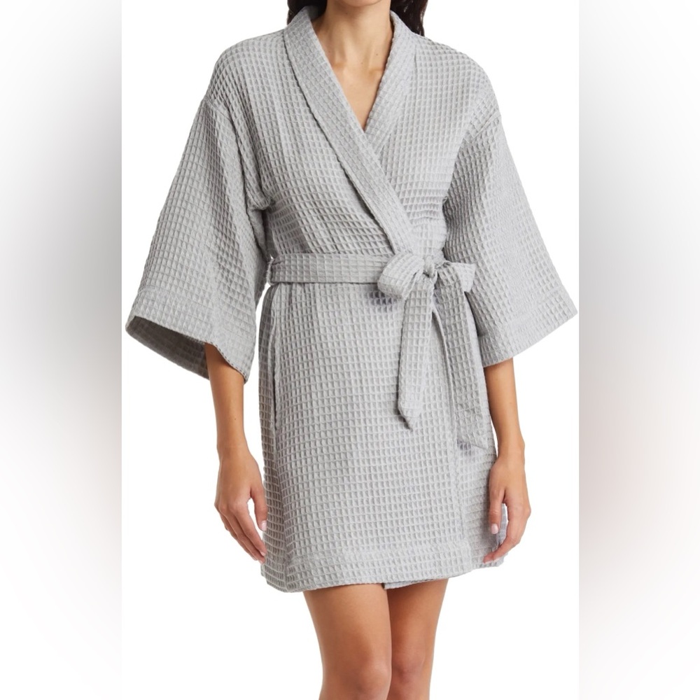 Nordstrom Rack Women's Everyday Waffle Robe Grey Size Large 100% Cotton NWT